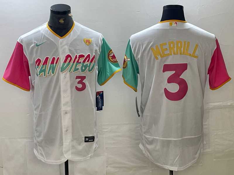 Men%27s San Diego Padres #3 Jackson Merrill Number White Heart Patch 2024 City Connect Flex Base Stitched Jersey